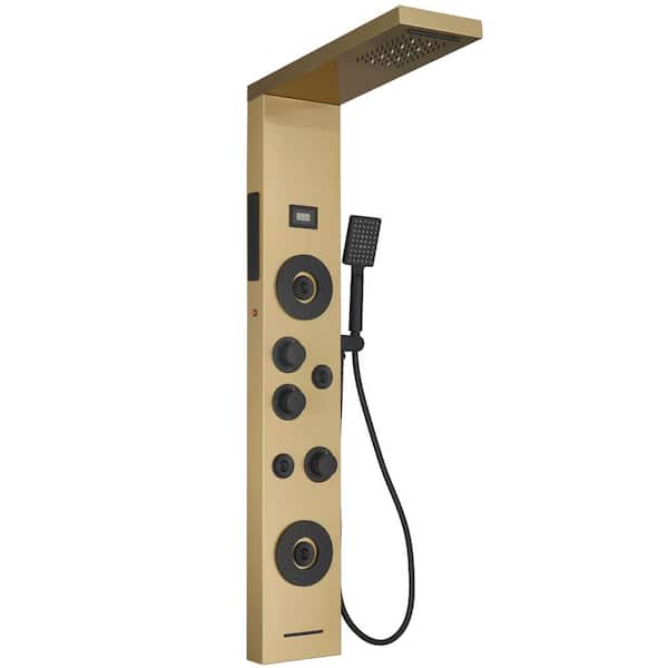 HOMEMYSTIQUE Dual 5-in-1, 4-Jet Shower Panel Tower System with Rainfall Waterfall Shower Head, and Massage Body Jets in Black Gold