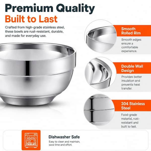Wudkey 24 fl. oz. Stainless Steel Bowls, Silver Food Grade Mixing