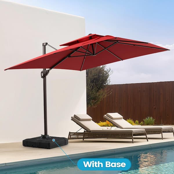 11 ft. x 9 ft. Swivel Double-Top Cantilever Tilt Patio Umbrella in Red with 260 lbs. HDPE Base