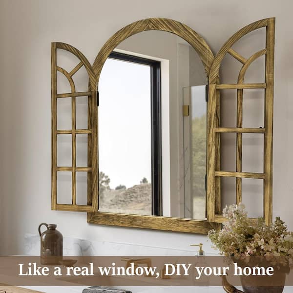 Hochwertiges 24 in. W x 36 in. H Windowpane Arched Brown Wood Framed Wall Mirror Farmhouse Decorative Mirror HD MR008BUR M