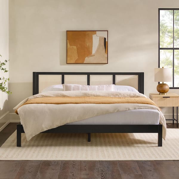 Modern Black Wood Frame King Platform Bed with Wood and Rattan Panel Headboard
