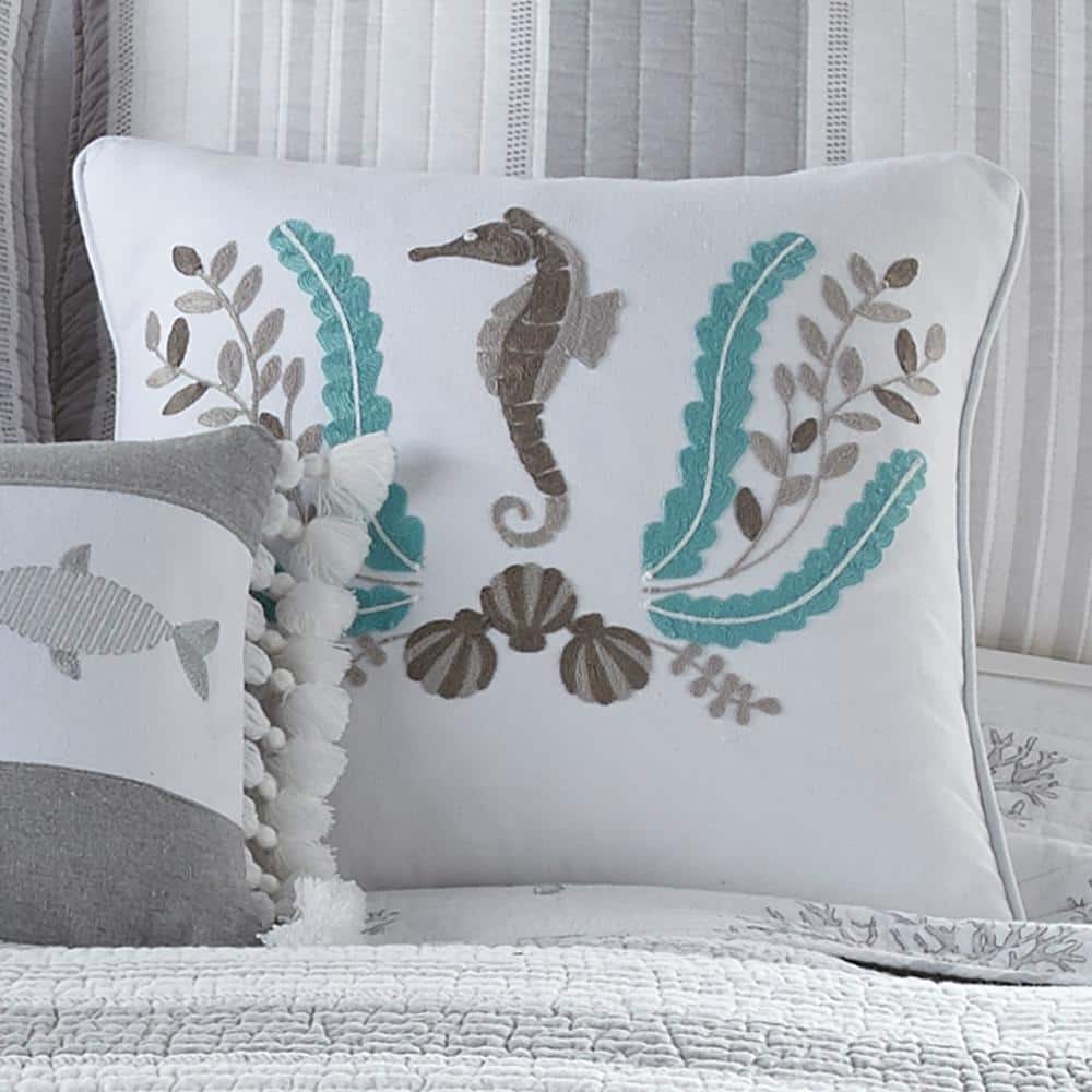 Nautical Embroidered Seahorse 18x18 White Feather Throw Pillow