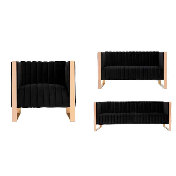 Manhattan Comfort Trillium 3-Piece Black and Gold Sofa, Loveseat and Armchair