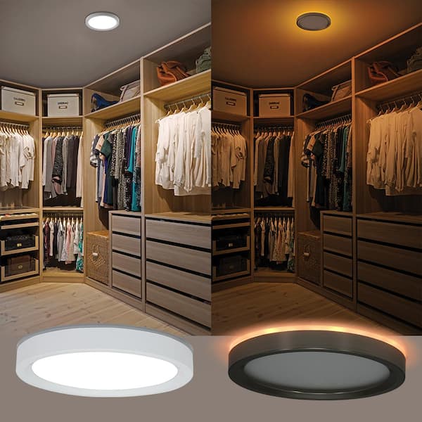 7.5 in. White Brushed Nickel Trims Round LED Flush Mount Ceiling Light Night Light 840LM 12W Adjustable CCT (8-Pack)