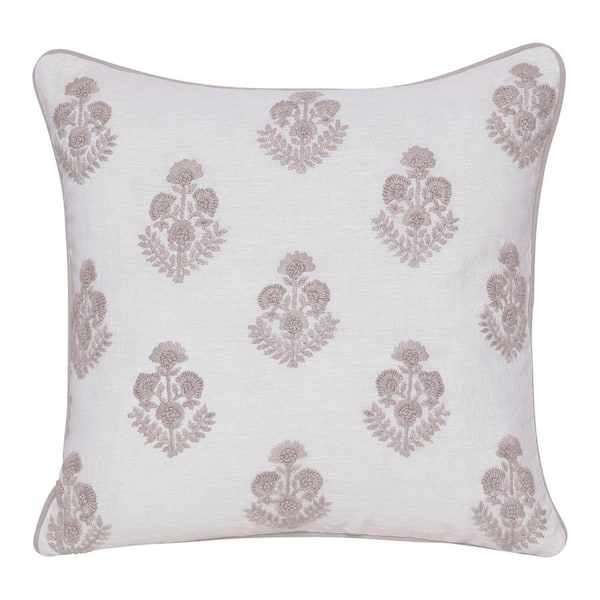 LR Home Odyssey Hand-Woven Natural/Cream Floral Linen 20 in. x 20 in. Indoor Throw Pillow