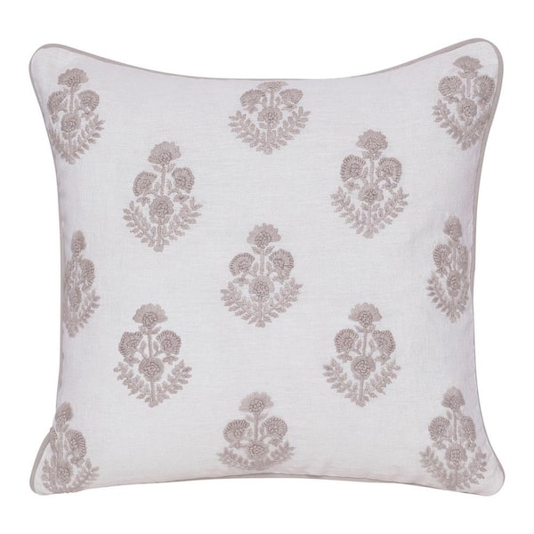 Unbranded Odyssey Hand-Woven Natural/Cream Floral Linen 20 in. x 20 in. Indoor Throw Pillow