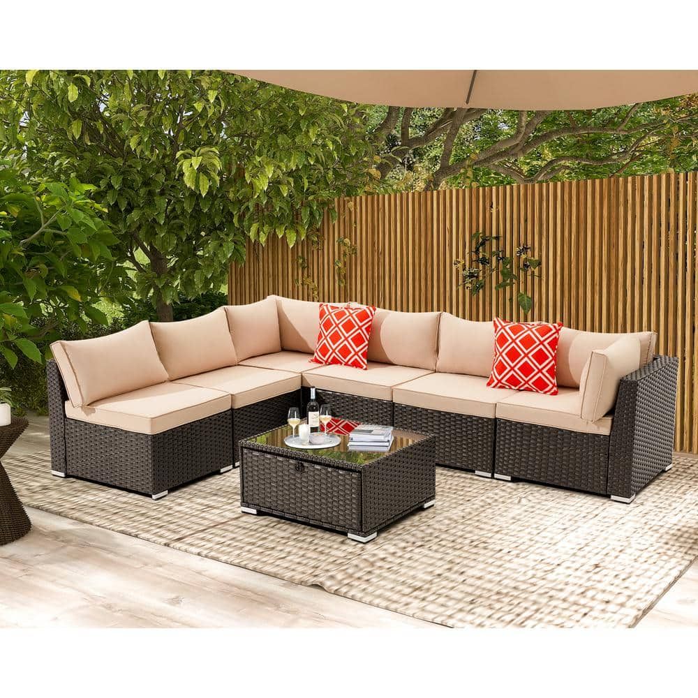 homrest 7-Piece PE Wicker Outdoor Sofa Sectional Set with Khahi ...