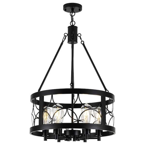 19.68 in. 6-Light Matte Black Drum Chandelier with Metal Shade and No Bulbs Included For Dinning Room Kitchen Island