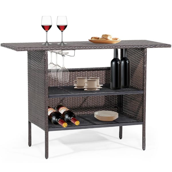 Costway Plastic Wicker Outdoor Bar with Counter Table Shelves