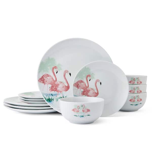 Flamingo Haven Tropical 12-Piece Multicolored Porcelain Dinnerware Set, Service for 4