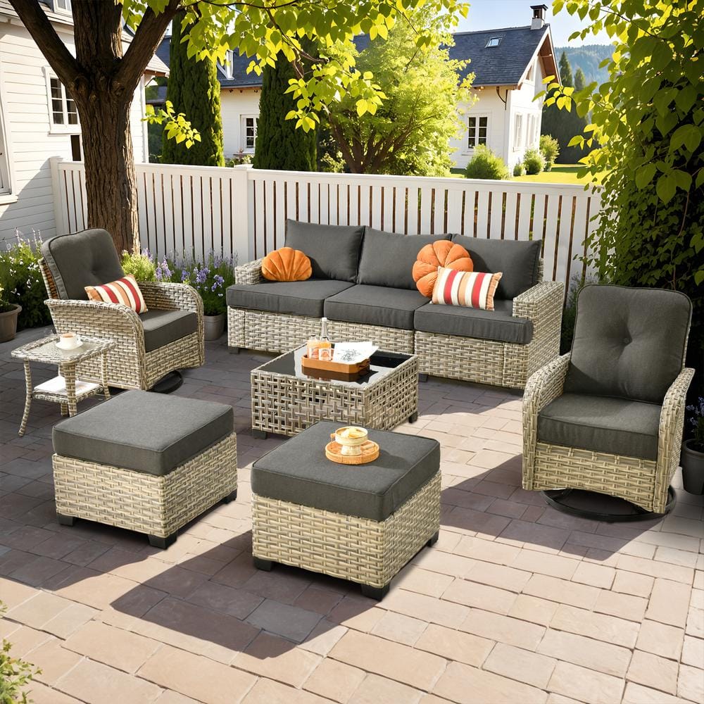 Torino Gray 9-Piece Modern Wicker Patio Conversation Deep Seating Set with Swivel Rocking Chairs and Black Cushions price history on PriceWatchPro