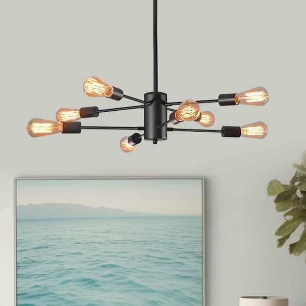 31.5 in. 8-Light Black Industrial Straight-Arm Sputnik Chandelier for Dining Room Living RoomNo Bulbs Included