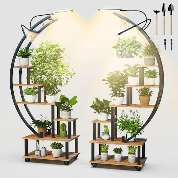 44 in. W x 13.8 in. D x 66.7 in. H Indoor/Outdoor Brown Metal 6-Tier Tall Half Moon Shaped Plant Stand with Grow Light
