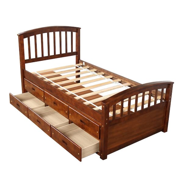 Walnut Twin Size Platform Storage Solid Wood Bed with 6-Drawers