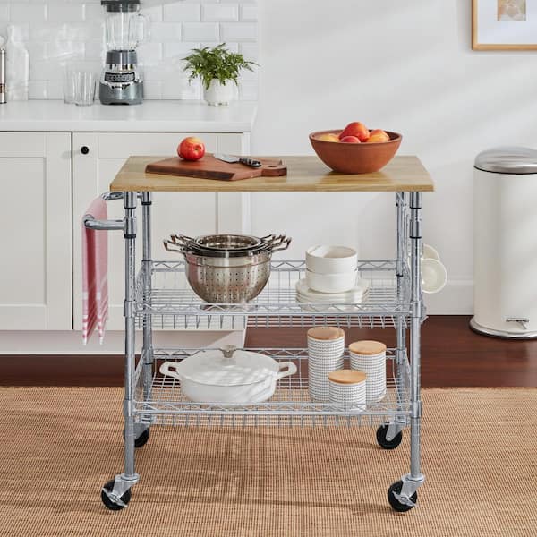 StyleWell Gatefield Chrome with Natural Wood Top Metal Rolling Microwave Kitchen Cart with Tiered Shelves (36" W)