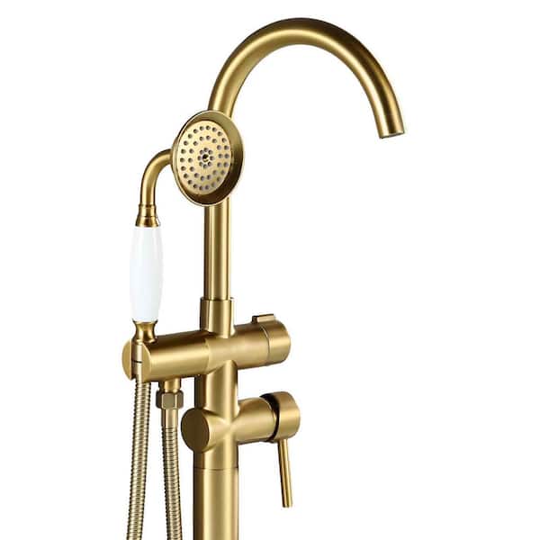 Single-Handle Floor-Mount Roman Tub Faucet with Hand Shower in Brushed Gold