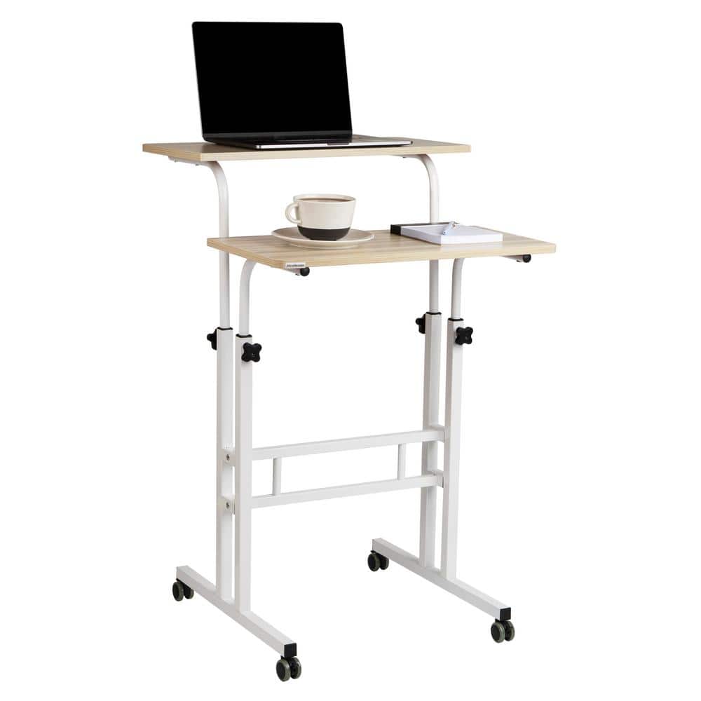 White Adjustable Height Mobile Standing Desk with Keyboard Tray