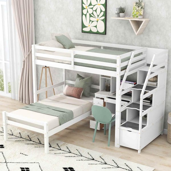 Polibi Twin Size Loft Bed with a Stand-alone Bed, Storage Staircase, Desk, Shelves and Drawers, White