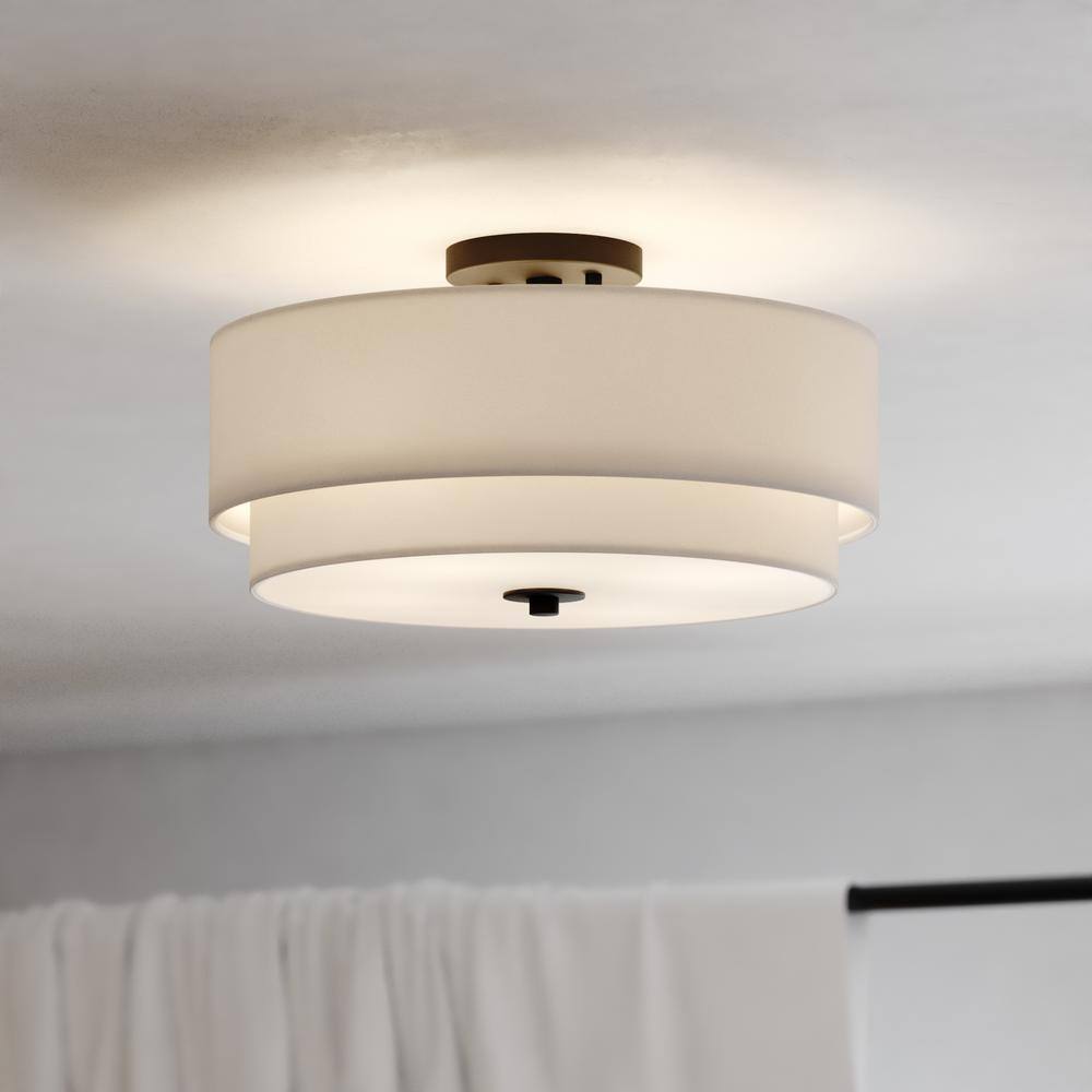 Burnaby 16" Black and White Linen Drum Semi Flush Mount Ceiling Light