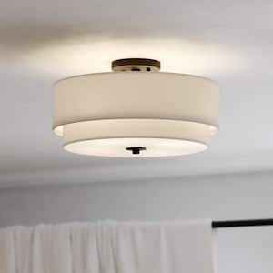 Burnaby 16 in. W Black Mid-Century Modern Semi Flush Mount Ceiling Light White Linen Drum Shade