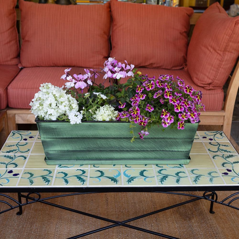 Medium Green Galvanized Steel Rectangular Flower Box Planter with Tray