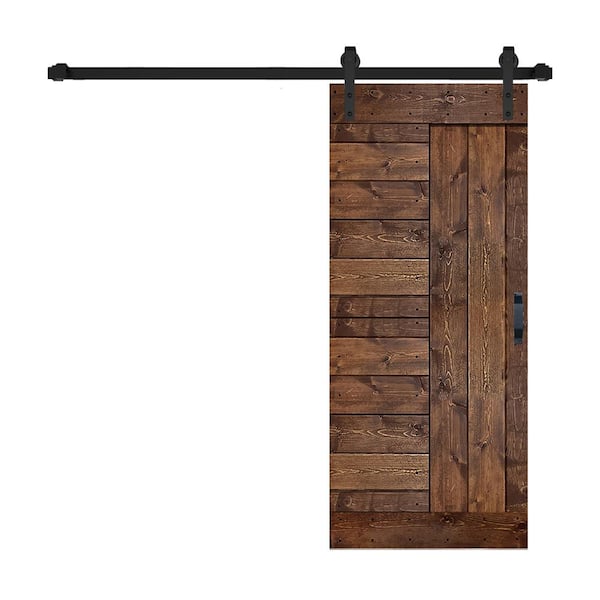 ISLIFE L Series 36 in. x 84 in. Dark Walnut Finished Solid Wood Sliding Barn Door with Hardware Kit - Assembly Needed