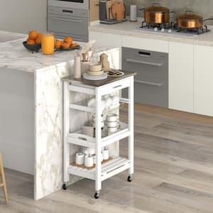 White Compact Island Kitchen Cart Rolling Service Trolley with Stainless Steel Top Basket