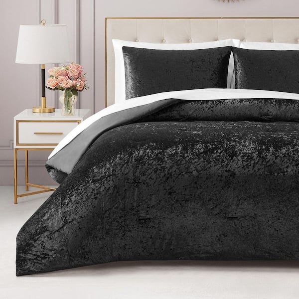 Crushed Velvet 3-Piece Black Solid Polyester Full/Queen Comforter Set