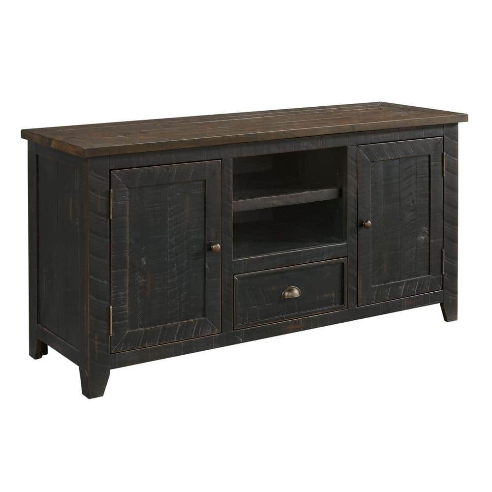 Coastal Farmhouse Black and Brown Pine TV Stand with Cabinets