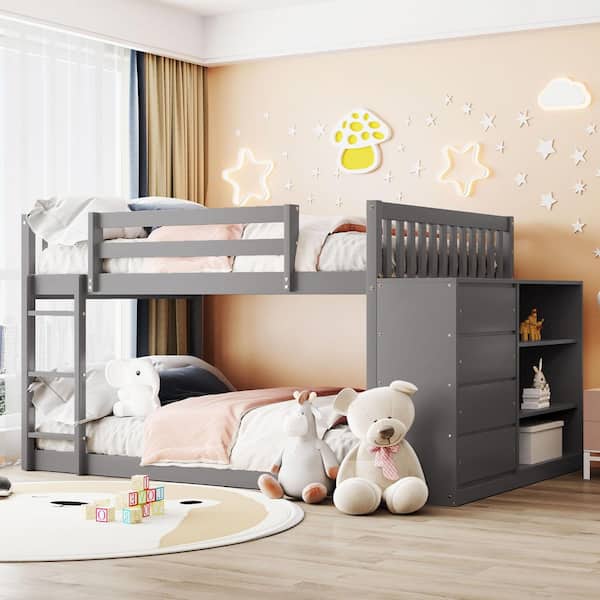 GODEER Gray Full over Full Bunk Bed with 4 Drawers and 3 Shelves