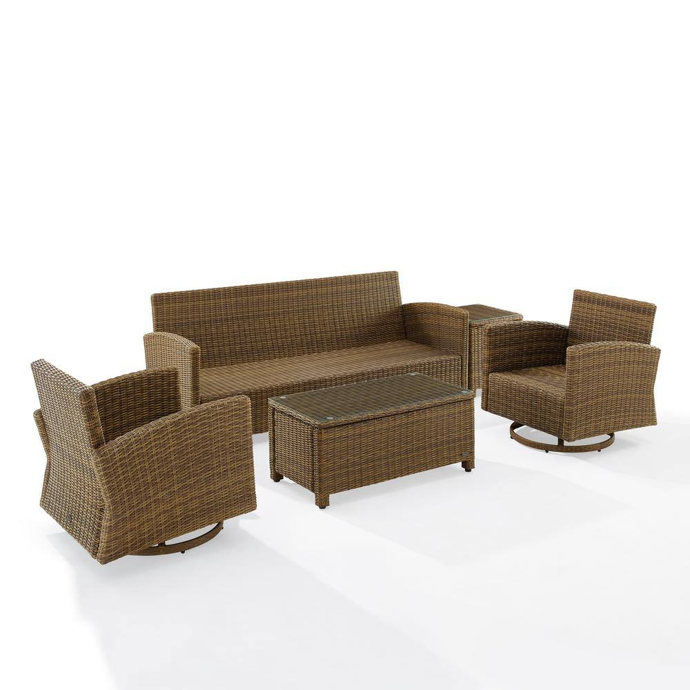 Bradenton Weathered Brown 5-Piece Outdoor Sofa & Swivel Rocker Set with Glass Top Tables