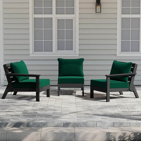 Birchwood Black Arrangeable Outdoor Patio 3-Piece Deep Seating HDPE Sofa Arm Chair Set w/ Green Cushions