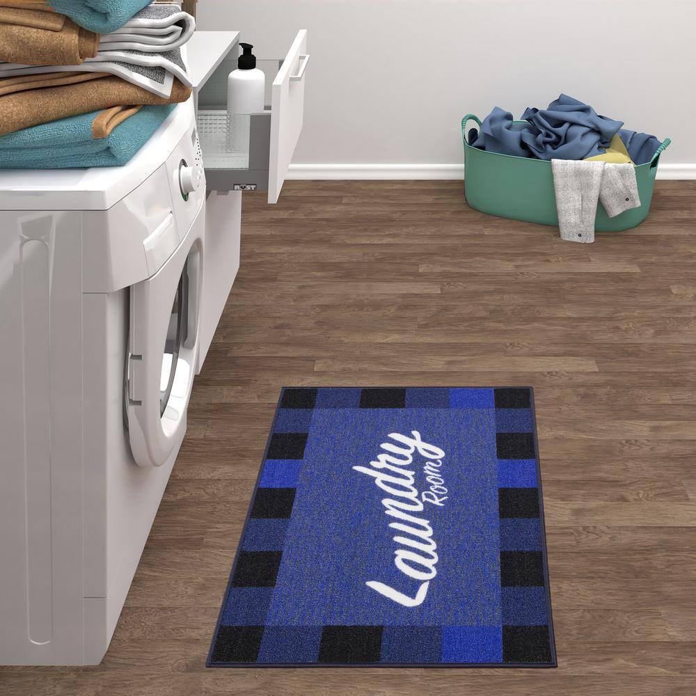 Blue Rectangular Non-Slip Rubberback Laundry Room Rug