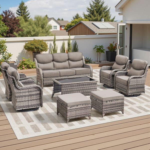 Moonluxe 8-Piece Gray Wicker Patio Conversation Set with Gray Olefin 6 in. Thick Cushions Patio Swivel Chairs