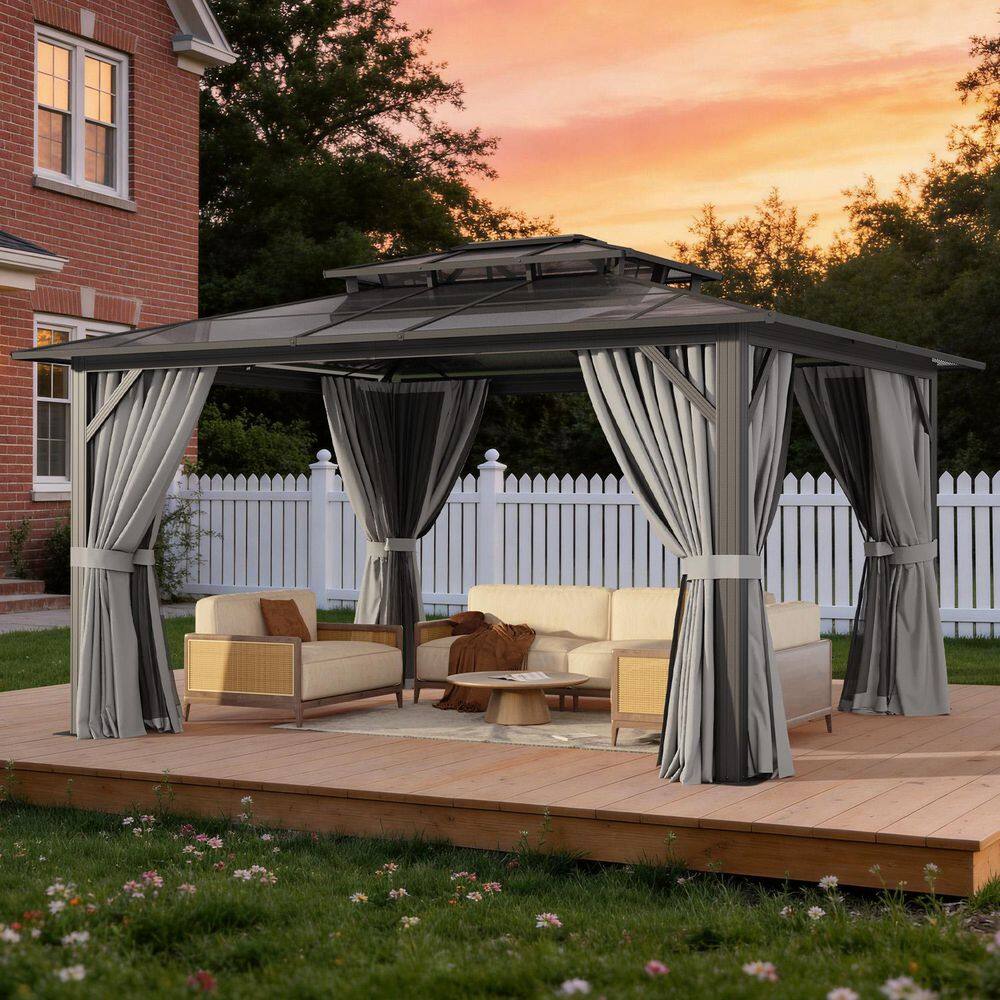 14 ft. x 12 ft. Steel Frame Double Polycarbonate Roof Outdoor Gazebos with Hooks, Curtains, and Netting price history on PriceWatchPro