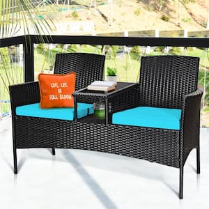 Wicker Patio Rattan Conversation Set with Turquoise Cushions
