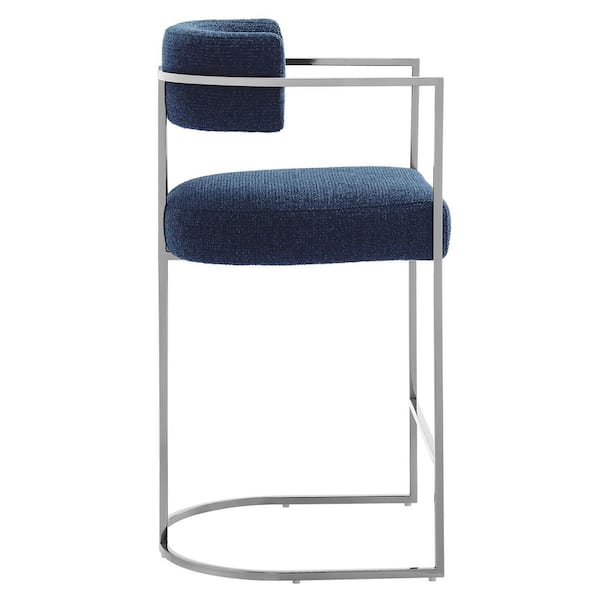 Huron Modern Barrel Counter Stool with Sled Base in Silver Navy - Fabric Upholstered Curved Back Stool with Metal Frame