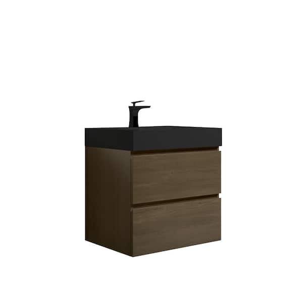 XUJMK Single Sink 24 in. W x 18.1 in. D x 20.5 in. H Wall-mount Bath Vanity in Brown with White Solid Surface Top