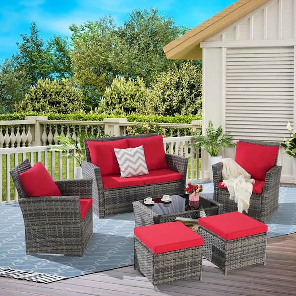 Sudzendf 6-Piece Gray Wicker Patio Conversation Set with Red Cushions, Ottoman & Tempered Glass Coffee Table