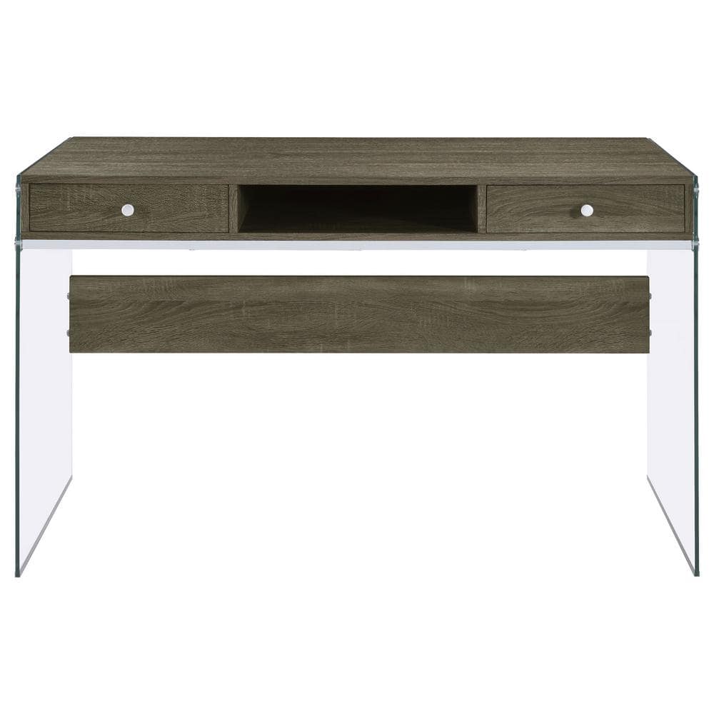 Weathered Gray 2-Drawer Writing Desk with Glass Sides