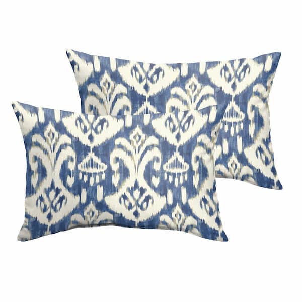 SORRA HOME Indigo/Cream Rectangular Outdoor Knife Edge Lumbar Pillows (2-Pack)