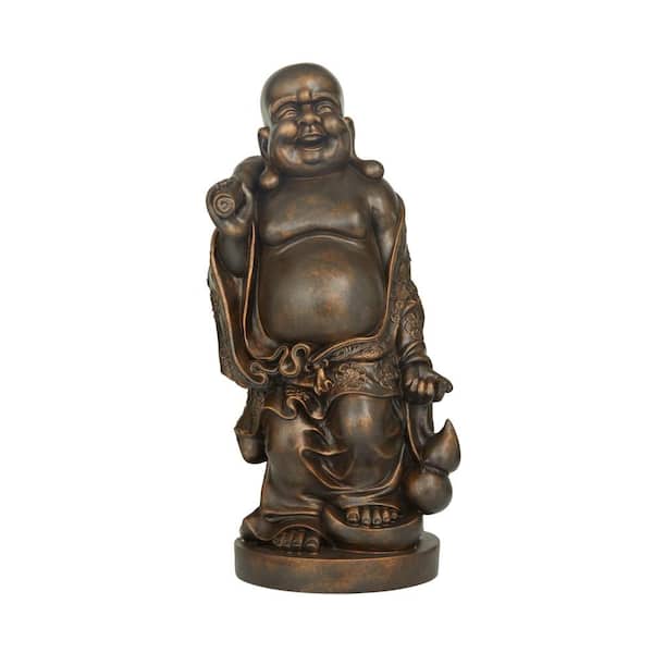 Brown Polystone Meditating Buddha Sculpture with Engraved Carvings and Relief Detailing
