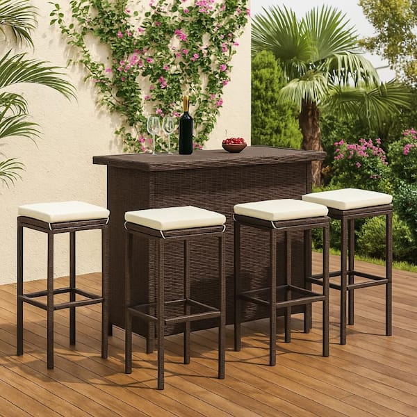 Vian 29.9 in. Brown and Cream White Poly Rattan and Metal Barstool (4-Pack) with cushion