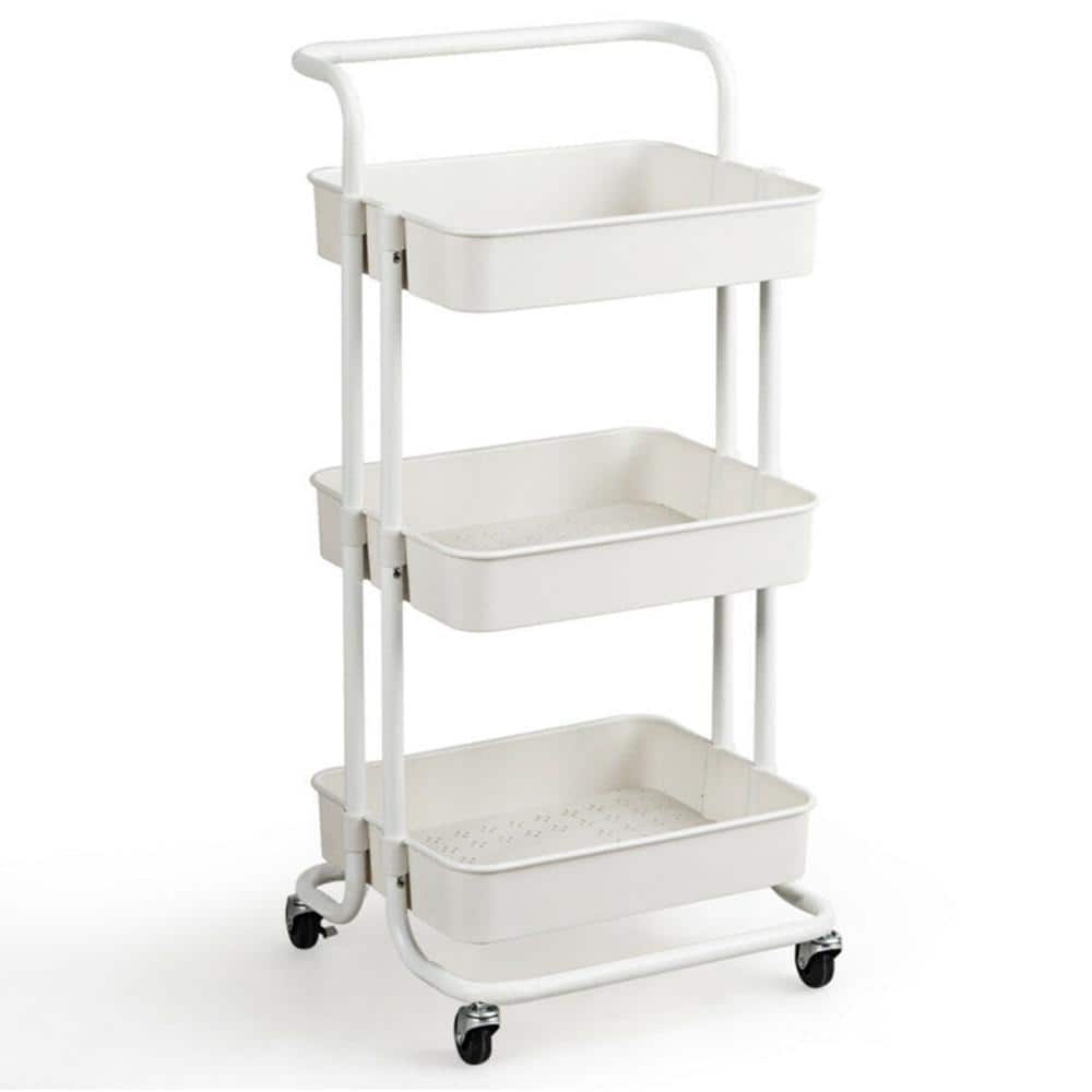 3-Tier White Rolling Utility Kitchen Cart on Wheels with Casters