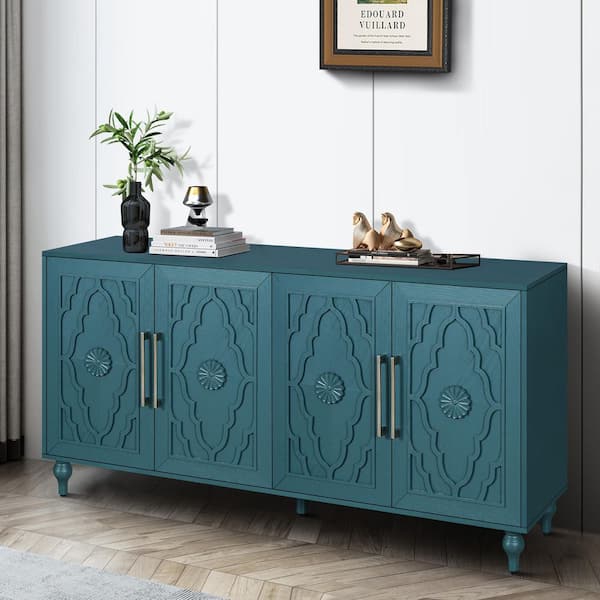 Earl Navy Blue MDF Wood 63 in. Large Storage Cabinet Sideboard with Metal Handle, Carved Flower Door, Adjustable Shelves