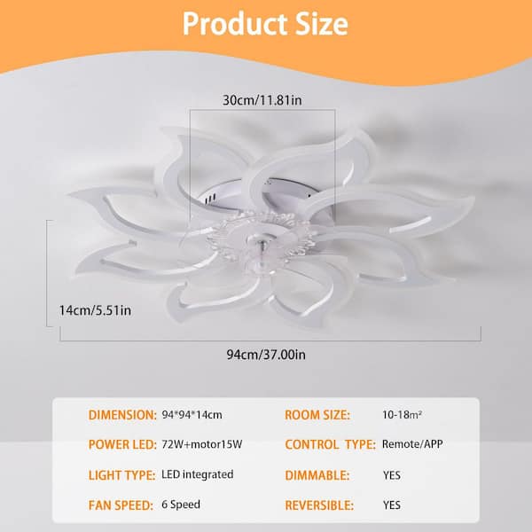 37.4 in. Indoor White Modern Dimmable Flush Mount Ceiling Fan with Integrated LED Light and Remote Included for Bedroom