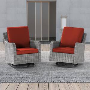 2-Piece Patio Furniture Conversation Set Gray Wicker Outdoor Rocking Chair Swiveling Set with Thick Cushion, Rust Red