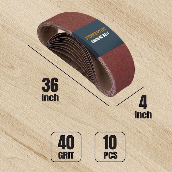 POWERTEC 110620 40 Grit Aluminum Oxide Sanding Belt 10 Pack 4 x 36