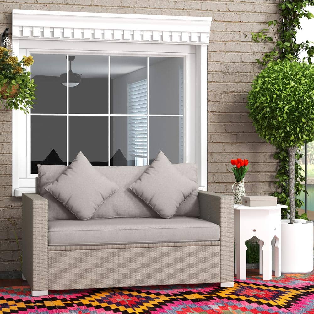 Gray Wicker Outdoor Loveseat with Gray Cushions and Pillows, Patio PE Ratta