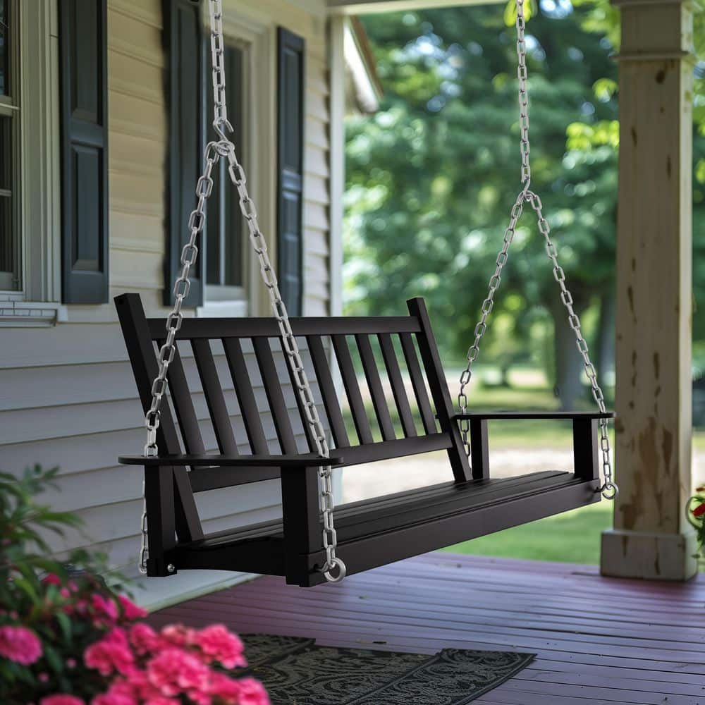 4 ft. Wood Patio Porch Swing Outdoor With Chains and Curved Bench, Black price history on PriceWatchPro